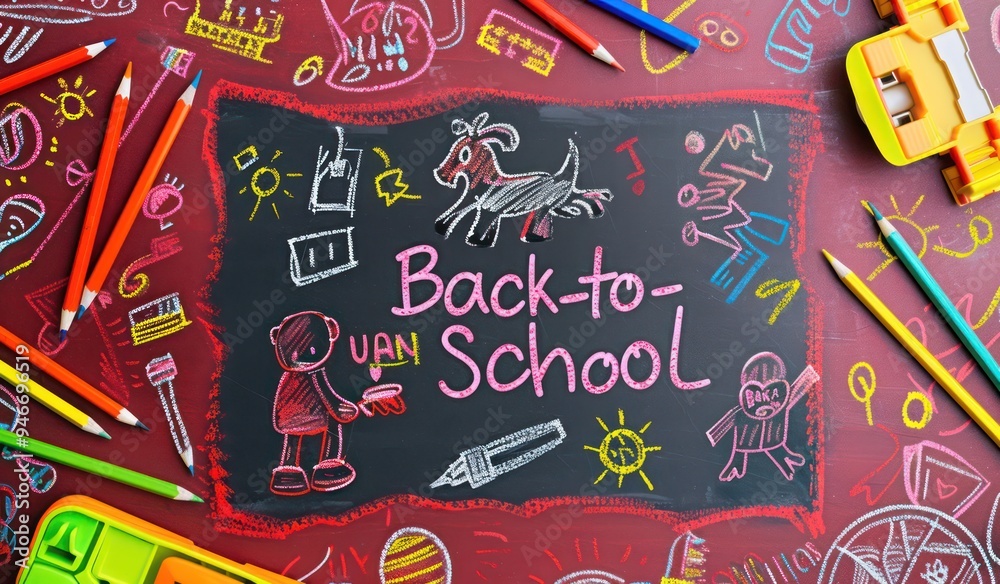 Obraz premium Bright red blackboard with Back-to-school text, surrounded by colorful chalk and pencil drawing doodles Flat lay composition