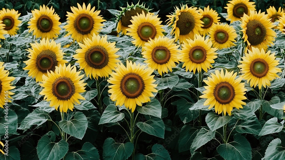 Sunflowers in full bloom, illuminated by midday sun on a clear day Sunflowers in full bloom, illuminated by midday sun on a clear day