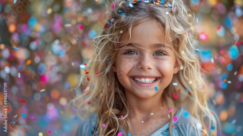 A joyful girl with long hair smiles brightly amidst colorful confetti at a festive outdoor celebration in the afternoon sunlight