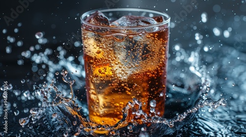 Bubbles and splashes from a cold beverage glass in creative lighting as ice cubes settle on a dark surface photo