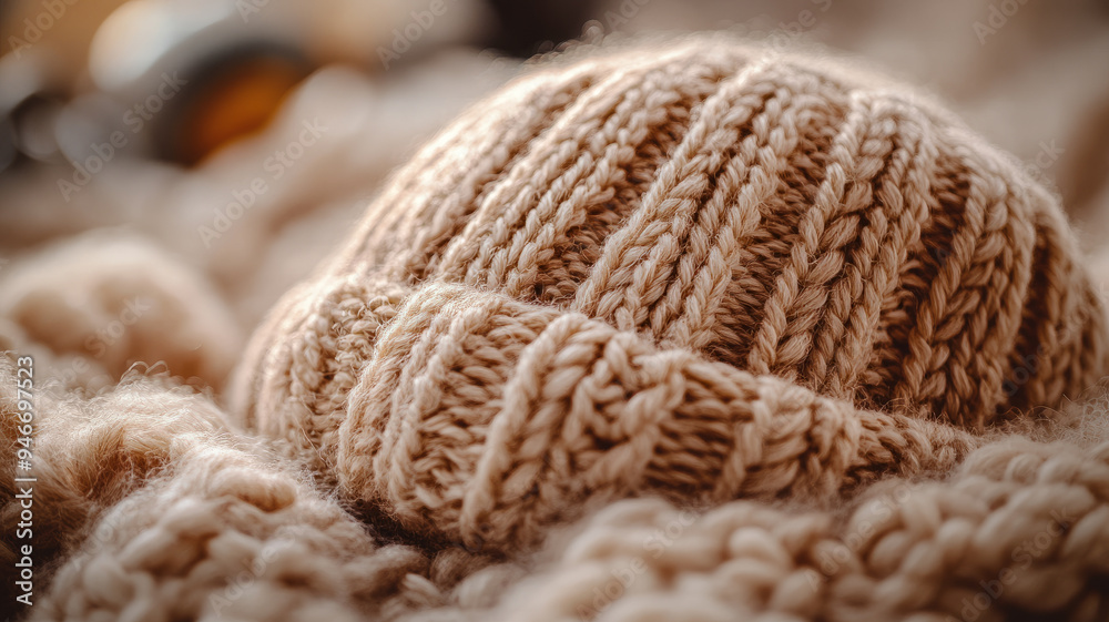 Close-up of a knitted woolen hat on a cozy fabric surface. Close-up of a knitted woolen hat on a cozy fabric surface.