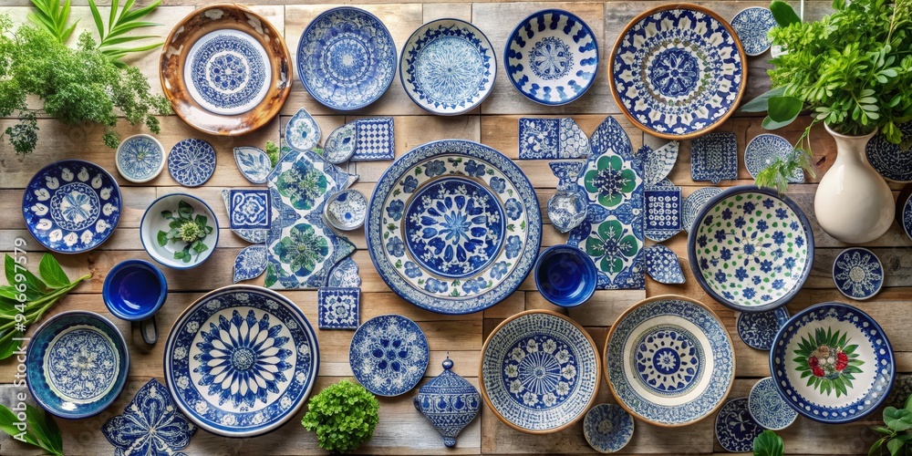 Fototapeta premium Blue and White Ceramic Dishes on Wooden Table, Still Life, Flat Lay, Pottery, Tableware, Flowers, Blue