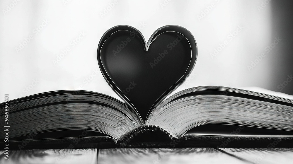 A monochrome picture of an open book featuring a heart-shaped bookmark in its center pages A monochrome picture of an open book featuring a heart-shaped bookmark in its center pages