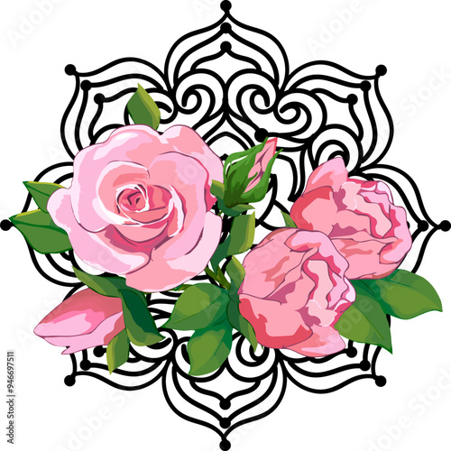 Roses on the background of the mandala.Vector illustration with a bouquet of roses on a transparent background with a mandala.