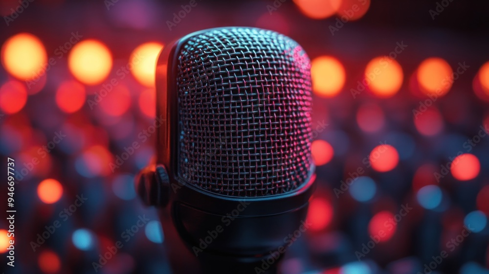 Close-up of a podcast microphone with soundproofing panels in the background. Close-up of a podcast microphone with soundproofing panels in the background.