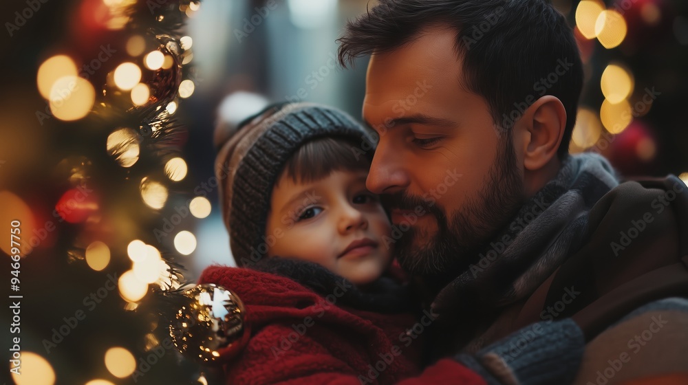 A father embraces his child in a festive setting, surrounded by twinkling holiday lights during wintertime A father embraces his child in a festive setting, surrounded by twinkling holiday lights during wintertime