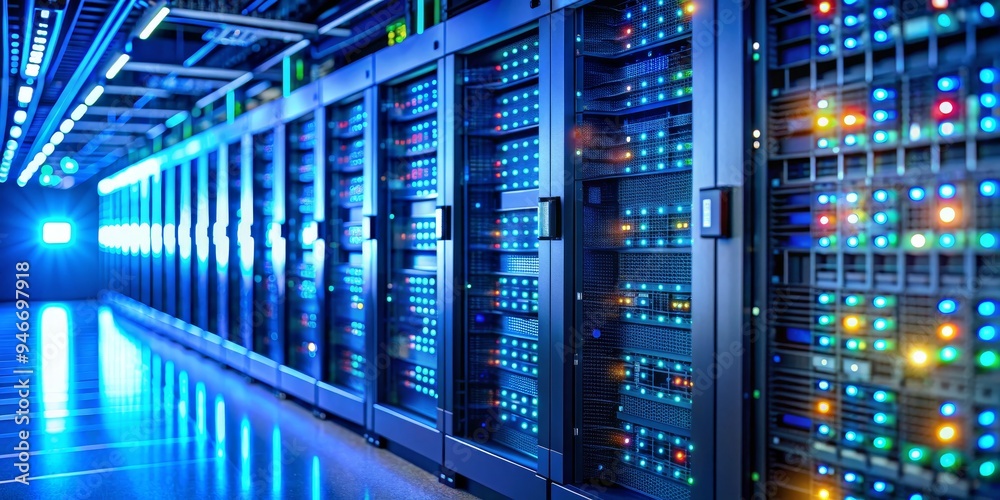 Blue Illuminated Server Room Interior, 3D Render, Data Center, Server Racks, Technology, Server Room Blue Illuminated Server Room Interior, 3D Render, Data Center, Server Racks, Technology, Server Room