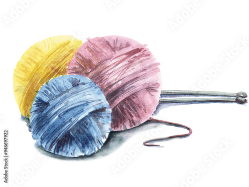 Knitting as a hobby, thread clew and products made from them. Watercolor illustration photo