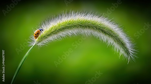  Ladybug on tall green plant with white grass against dark green backdrop