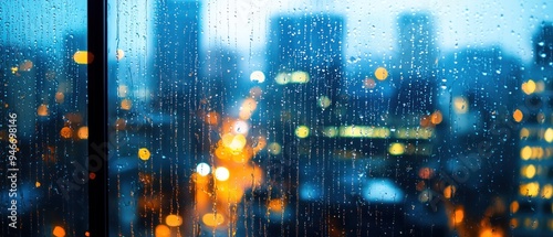 Raindrops on a Window with a City Lights Background