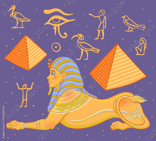 Sphinx, Egyptian mythical creature with head of human, body of lion and wings. Hand-drawn vintage vector outline illustration. Tattoo flash, t-shirt or poster design, postcard. Egypt history.