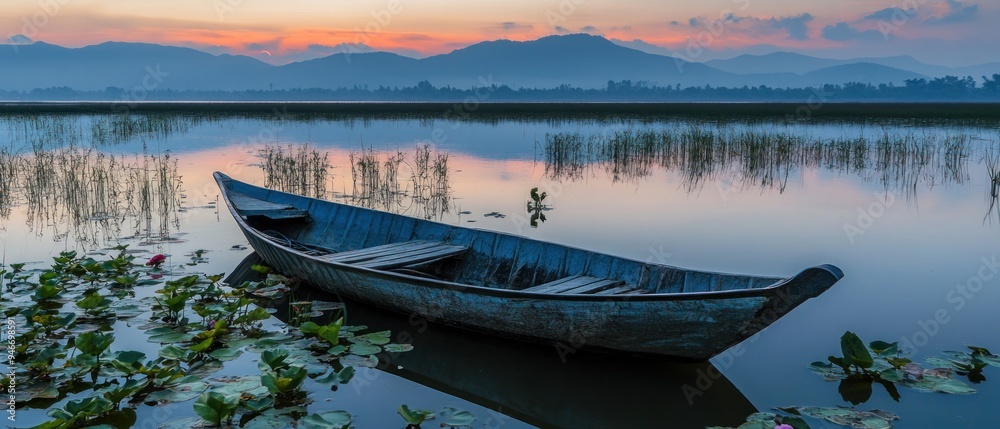 Obraz premium A lone wooden boat at sunset on a still lake with mountain range in the background.
