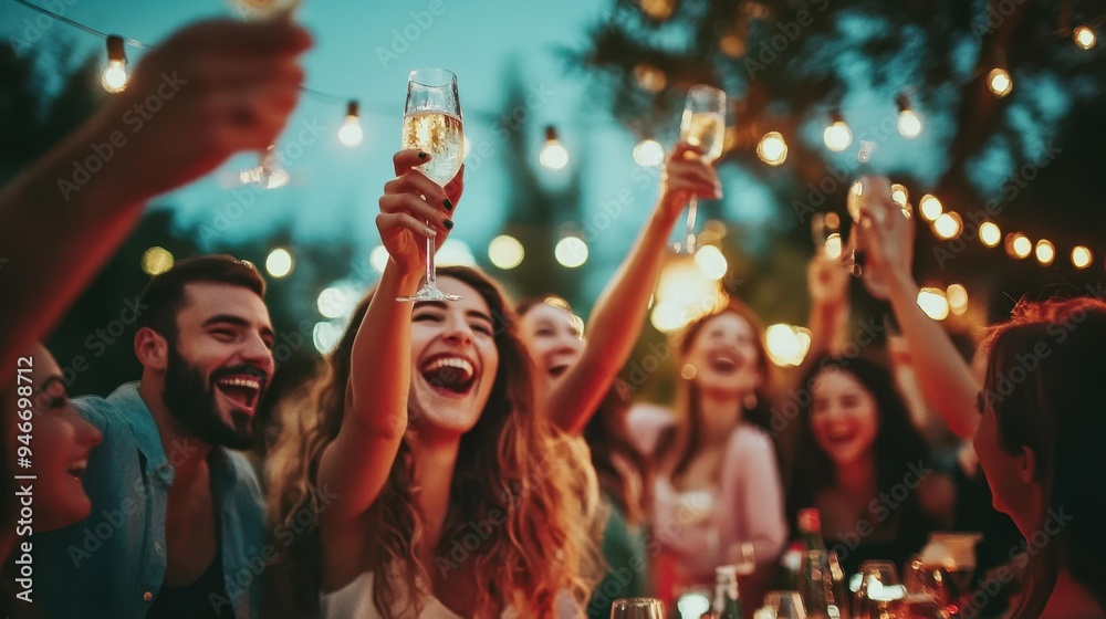 A group of young professionals joyfully raise their glasses in celebration of a recent job achievement, surrounded by twinkling lights A group of young professionals joyfully raise their glasses in celebration of a recent job achievement, surrounded by twinkling lights
