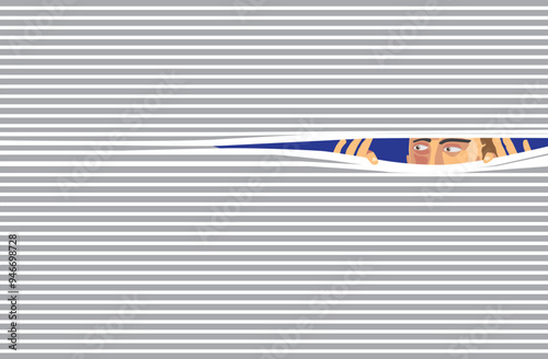 Man looking through blinds, vector illustration with copy space