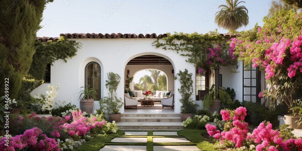 Fototapeta premium Luxure elegant house home with garden and many flowers and treed. Villa mansion architecture style background