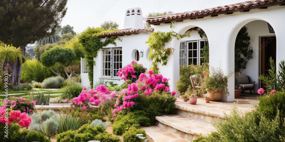 Luxure elegant house home with garden and many flowers and treed. Villa mansion architecture style background Luxure elegant house home with garden and many flowers and treed. Villa mansion architecture style background