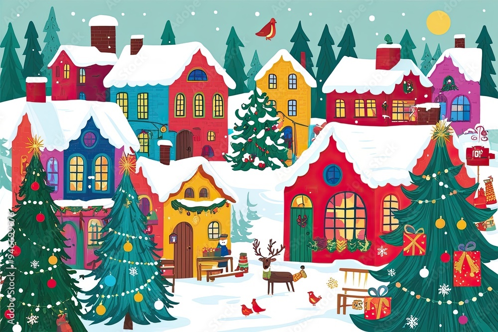 Joyful Winter Village Scene Illustration in a Whimsical and Colourful Style Joyful Winter Village Scene Illustration in a Whimsical and Colourful Style