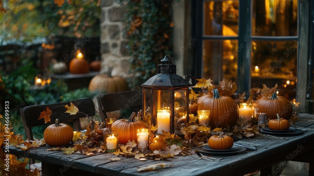 Fototapeta premium thanksgiving decorations, pumpkin lanterns and candles softly light the autumn-themed table, evoking a sense of gratitude and abundance in the rustic countryside setting