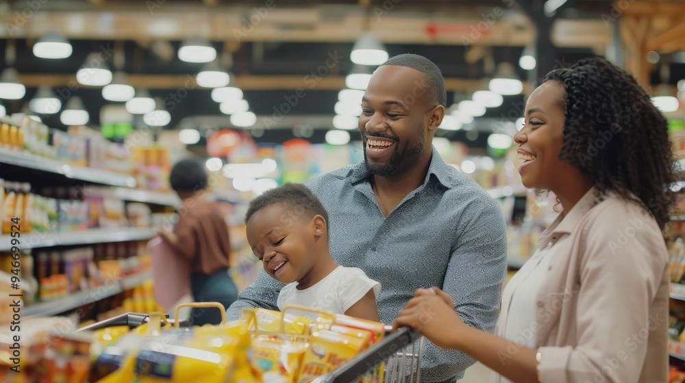 Smiling father with child in supermarket trolley, mother looking for products, laughing, grocery store setting. Smiling father with child in supermarket trolley, mother looking for products, laughing, grocery store setting.