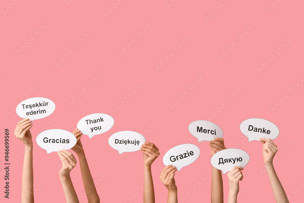 Female hands holding speech bubbles with text THANK YOU in different ...