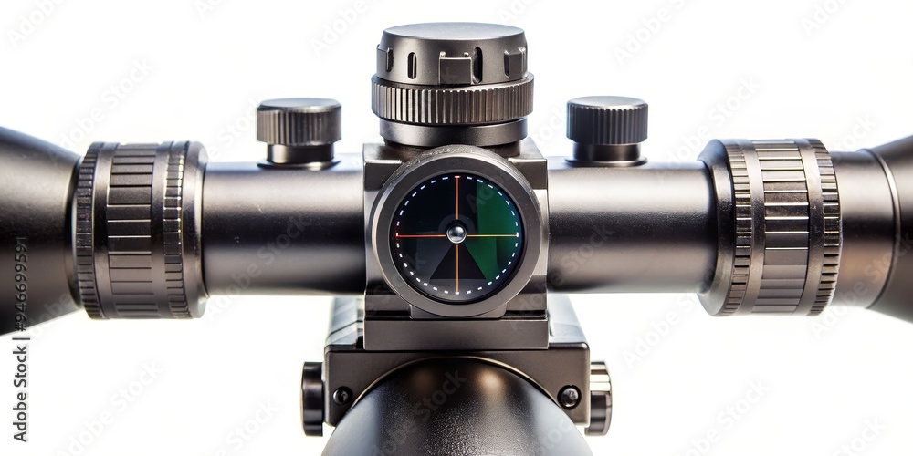 Close-up of a Scope with Illuminated Red and Green Crosshairs, Isolated on White, Optics, Scope, Crosshair Close-up of a Scope with Illuminated Red and Green Crosshairs, Isolated on White, Optics, Scope, Crosshair
