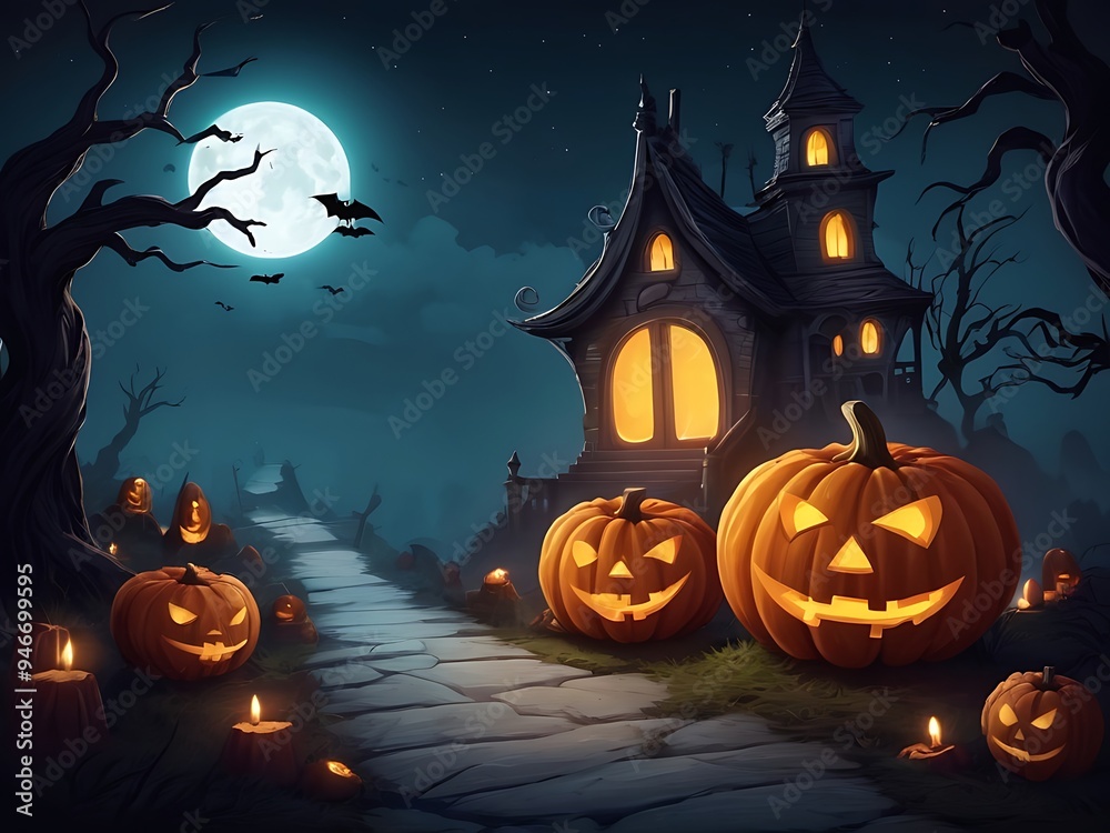 Spooky Halloween Background with Haunted House, Evil Pumpkins, and Full Moon Night Scene. Spooky Halloween Background with Haunted House, Evil Pumpkins, and Full Moon Night Scene.