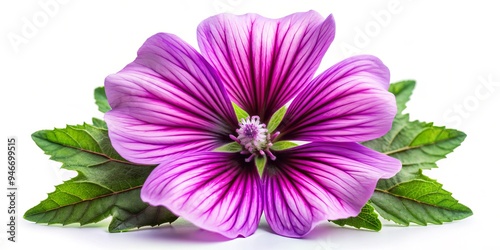 Close-Up of a Delicate Pink Flower with Green Leaves, White Background, Macro Photography, Floral Photography, Flower Texture, Flower Bloom, Flower Petal photo