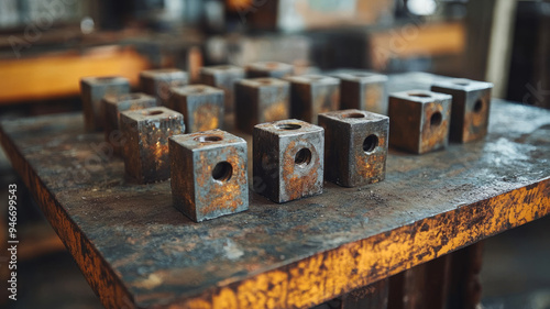 Rusty metal blocks on a workshop table