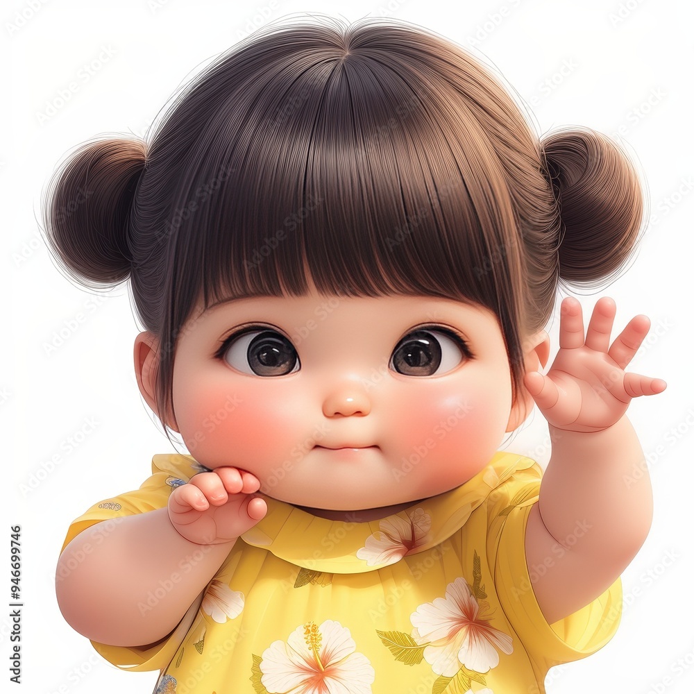 A cute, animated baby girl with a cheerful expression, wearing a floral yellow dress. A cute, animated baby girl with a cheerful expression, wearing a floral yellow dress.