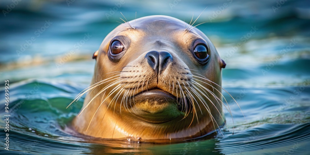 Fototapeta premium Close-up Portrait of a California Sea Lion Emerging from the Water, Shallow Depth of Field, Animal Photography, sea lion, water, wildlife, portrait