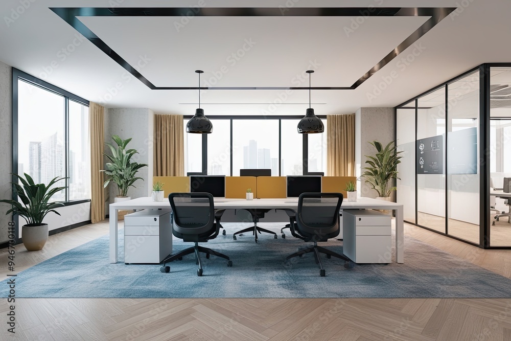 Fototapeta premium Bright and Spacious Office Interior Decor with Mock-Up Placement and Modern Technology Equipment in a Sleek 3D Rendering