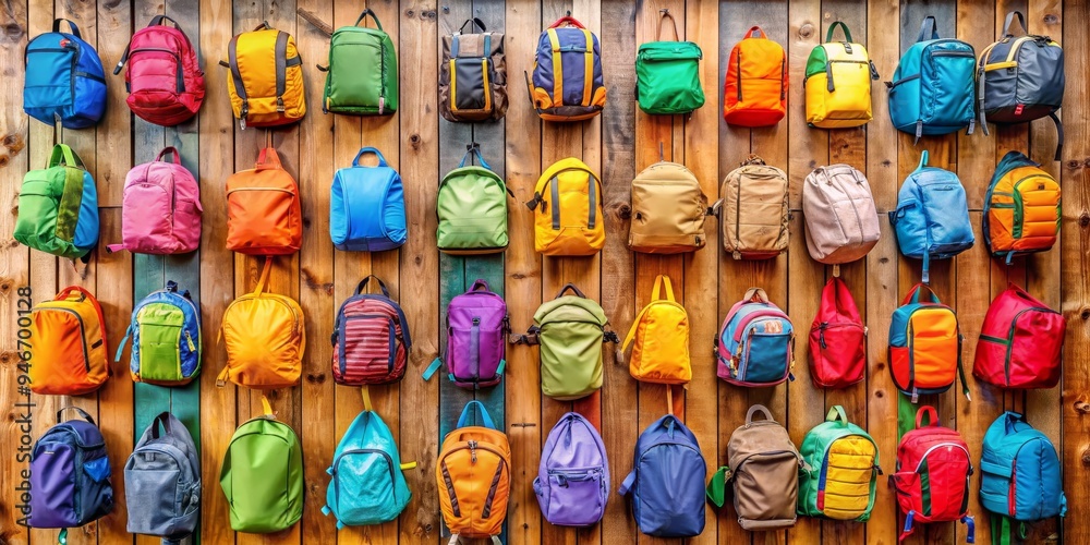 Colorful Backpacks Hanging on a Wooden Wall, Back to School, School Supplies, School Backpacks Colorful Backpacks Hanging on a Wooden Wall, Back to School, School Supplies, School Backpacks
