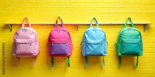 Colorful Backpacks Hanging on Yellow Brick Wall, Back to School, Education, Accessories photo