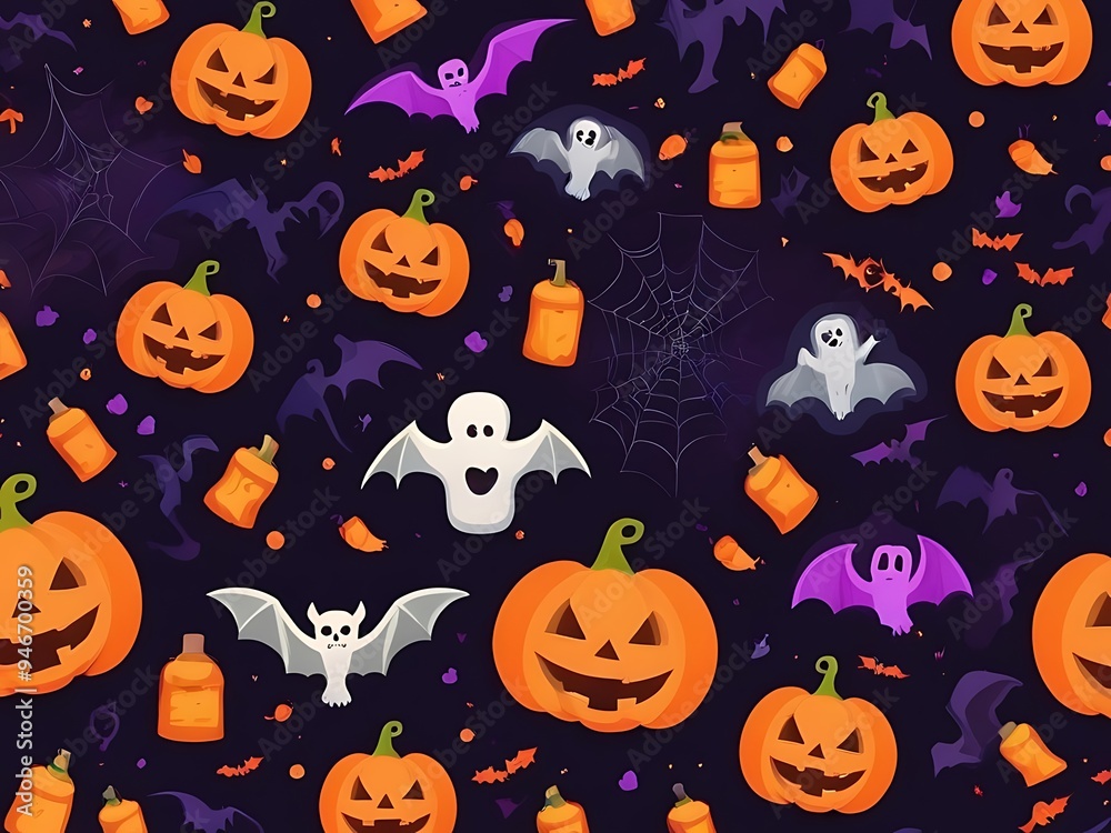 Spooky Halloween Background with Haunted House, Evil Pumpkins, and Full Moon Night Scene. Spooky Halloween Background with Haunted House, Evil Pumpkins, and Full Moon Night Scene.