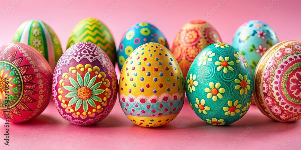 Colorful Easter Eggs on Pink Background, Close Up, Festive Decoration, Holiday, Spring , easter, decoration Colorful Easter Eggs on Pink Background, Close Up, Festive Decoration, Holiday, Spring , easter, decoration