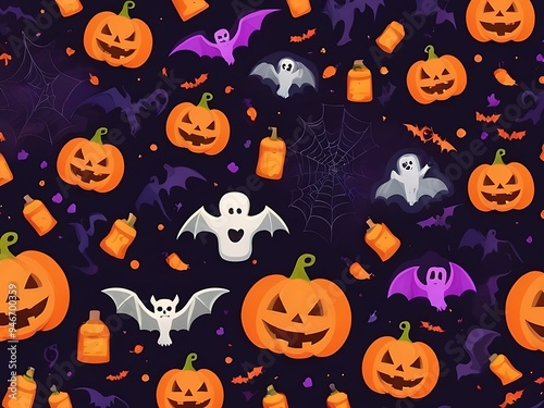 Spooky Halloween Background with Haunted House, Evil Pumpkins, and Full Moon Night Scene.