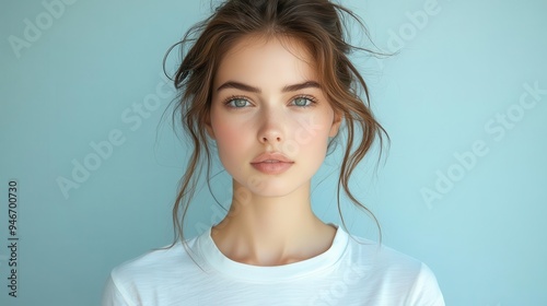 elegant woman in crisp white tshirt minimalist studio setting soft lighting accentuates fabric texture models confident pose and neutral expression ideal for fashion or lifestyle branding