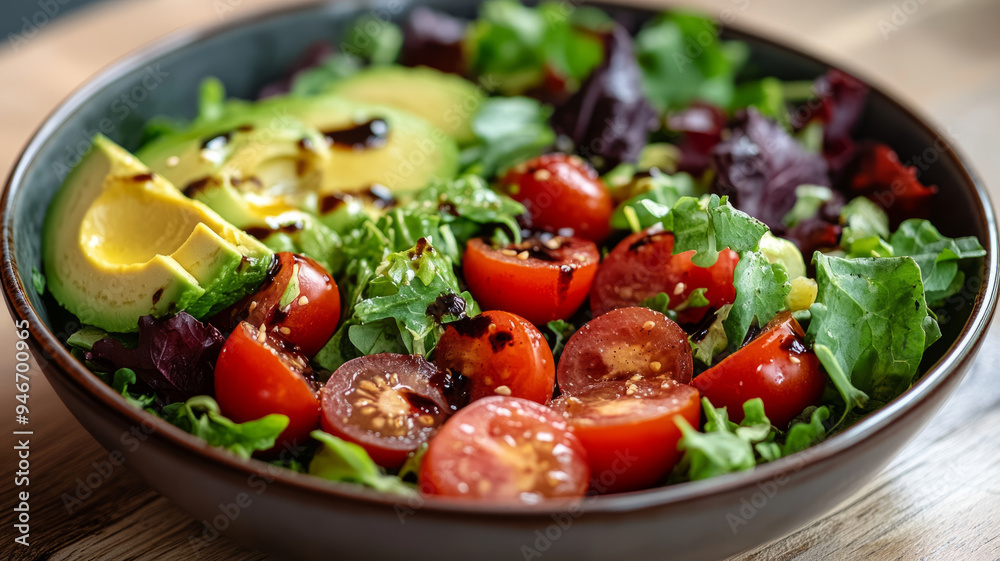 Healthy bowl of salad with tomatoes, avocado, and fresh greens Healthy bowl of salad with tomatoes, avocado, and fresh greens