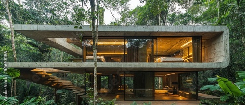 Modern Concrete House in a Lush Green Jungle Setting photo