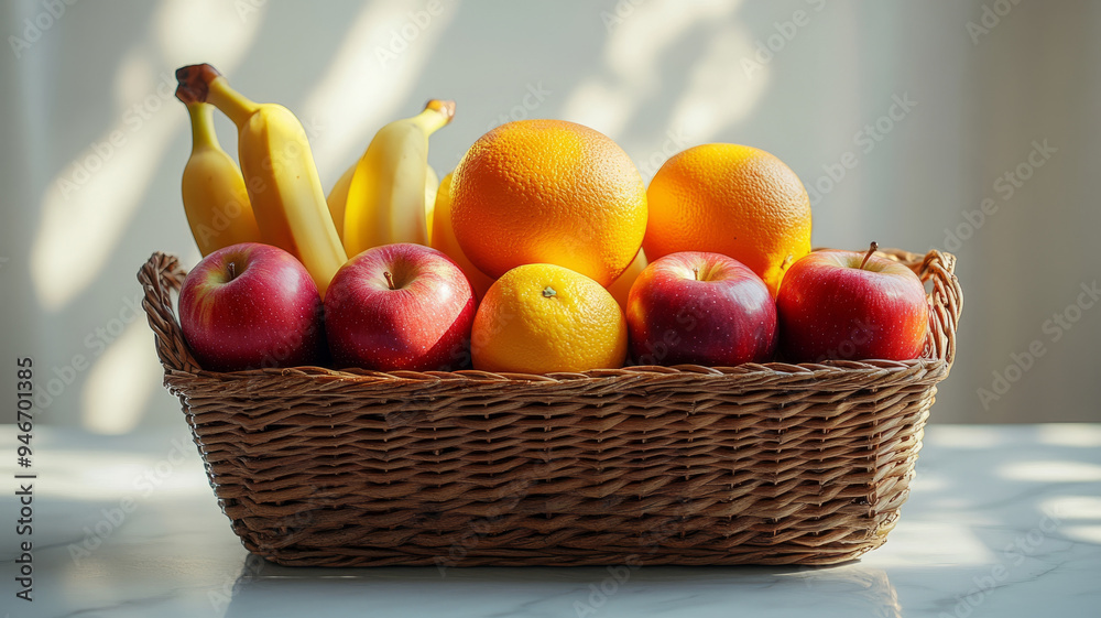 A wicker basket filled with apples, oranges, and bananas in a sunny setting. A wicker basket filled with apples, oranges, and bananas in a sunny setting.
