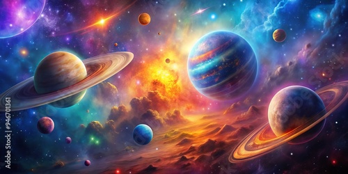 Cosmic Symphony A Vibrant Nebula with Ringed Planets and Glowing Stars, space , nebula , planets