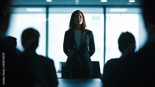 A confident businesswoman presents to a group in a modern meeting room, showcasing leadership and communication skills.