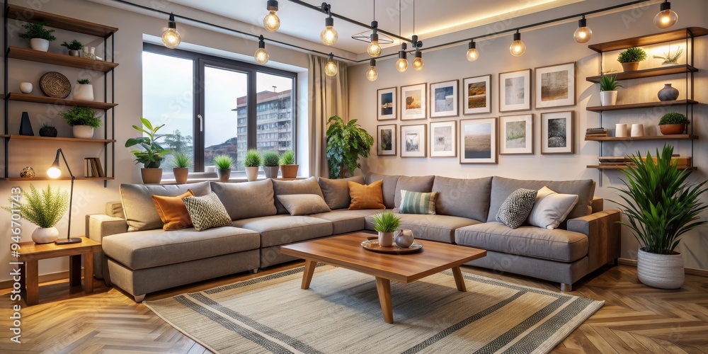Cozy Living Room with Grey Sectional Sofa and Wooden Shelving, Interior Design, Modern Furniture, Home Decor, Living Room Ideas, Modern Interior, Home Design Cozy Living Room with Grey Sectional Sofa and Wooden Shelving, Interior Design, Modern Furniture, Home Decor, Living Room Ideas, Modern Interior, Home Design