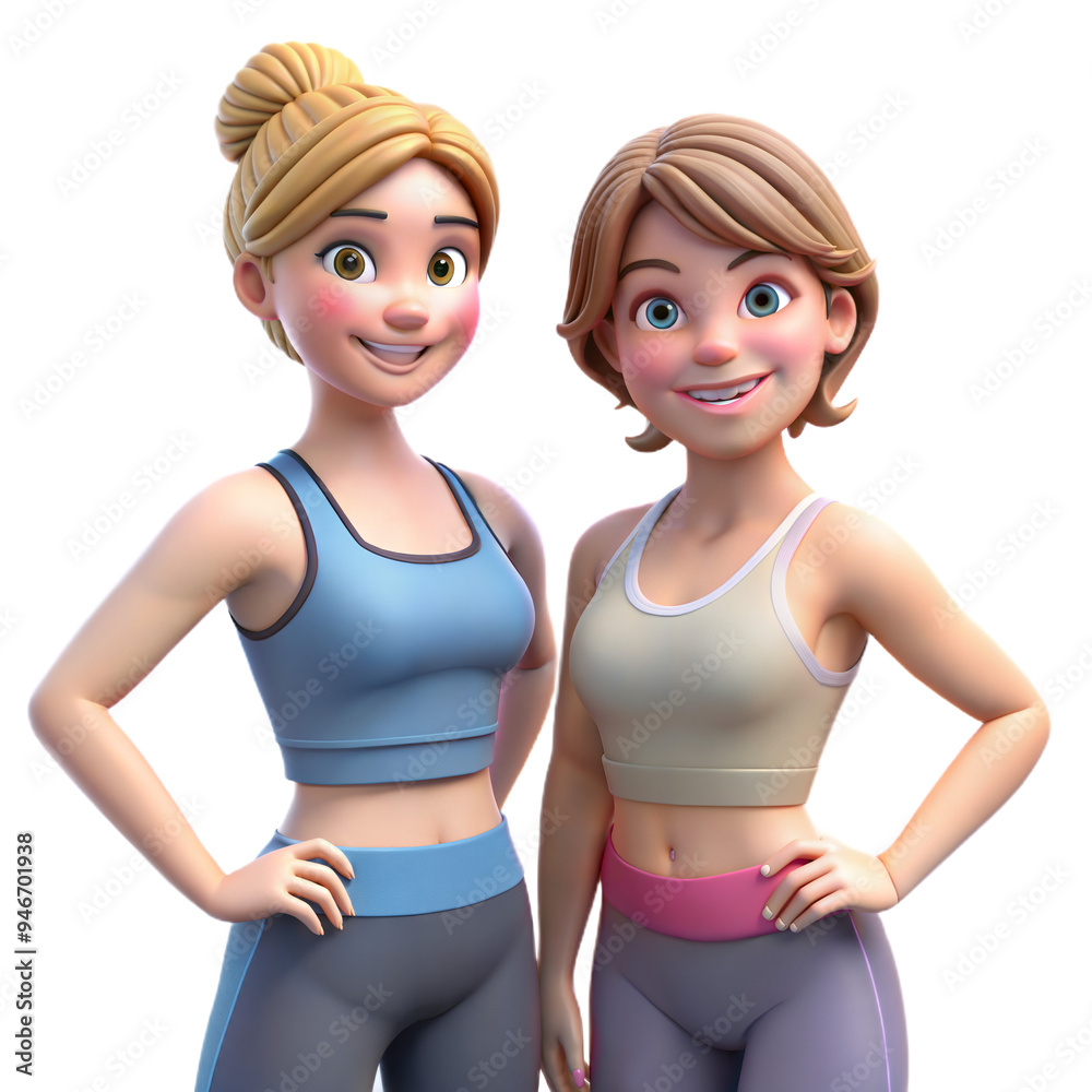 Two Smiling Female Cartoon Characters Dressed In Athletic Wear Two Smiling Female Cartoon Characters Dressed In Athletic Wear