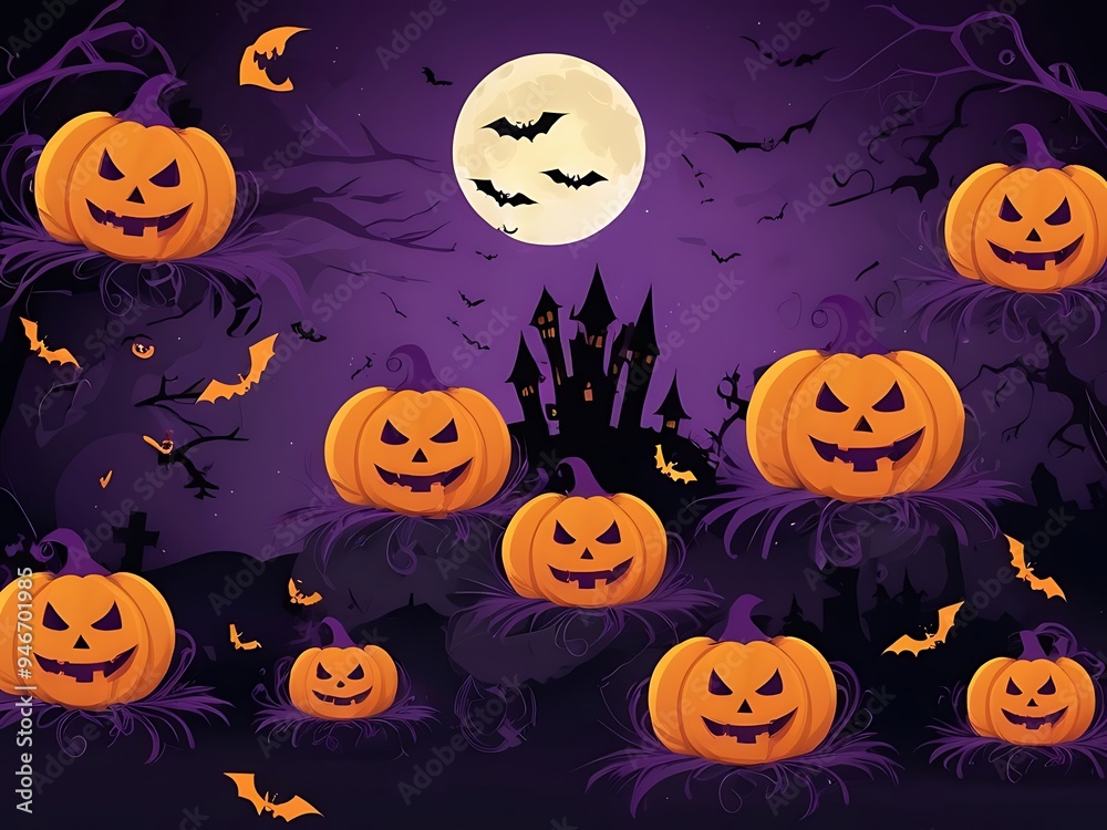Spooky Halloween Background with Haunted House, Evil Pumpkins, and Full Moon Night Scene. Spooky Halloween Background with Haunted House, Evil Pumpkins, and Full Moon Night Scene.