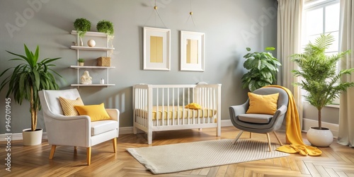 Cozy Nursery Interior with White Crib and Yellow Accents, Nursery Design , Baby Room Decor, Crib photo