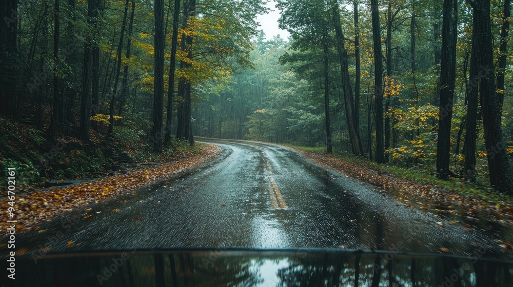 Obraz premium A wet road curves through a forest. Perfect for use in a travel or weather blog.