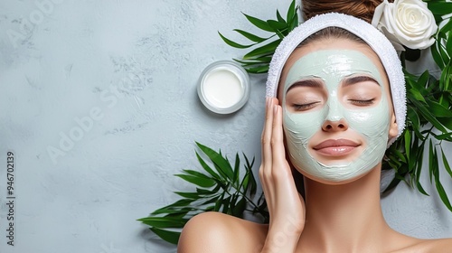 A woman enjoying a relaxing facial mask treatment, surrounded by leaves and natural skincare products for a soothing experience.