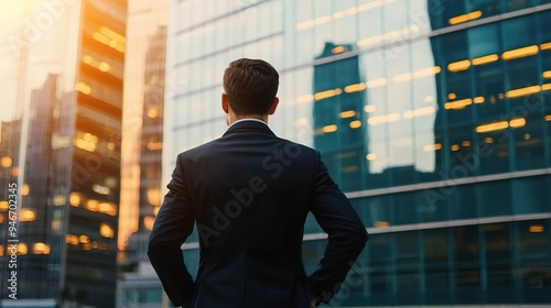 A businessman admires the city skyline at sunset, symbolizing ambition and success in a modern urban environment.