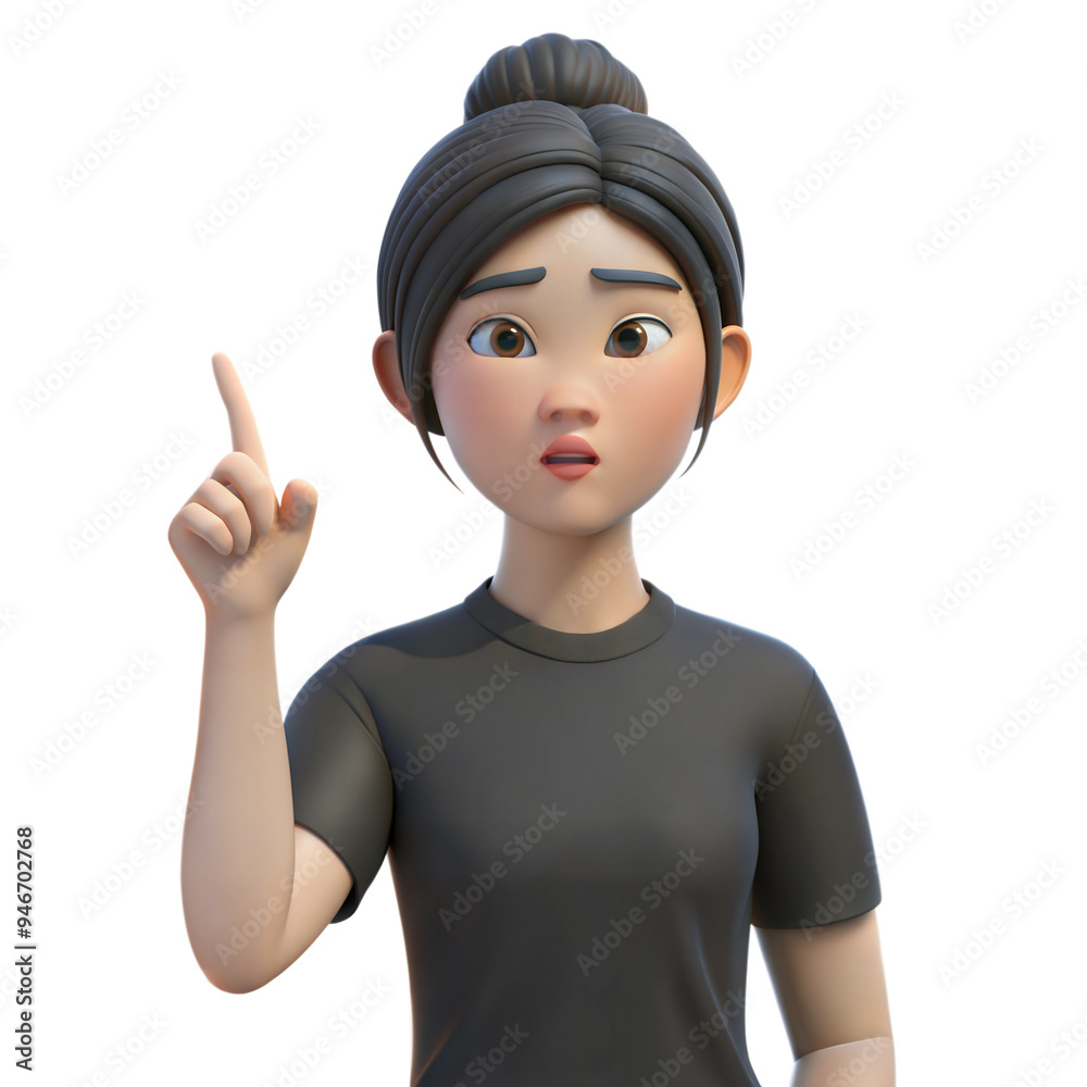 3D Cartoon Woman Pointing Upward With a Thoughtful Expression 3D Cartoon Woman Pointing Upward With a Thoughtful Expression